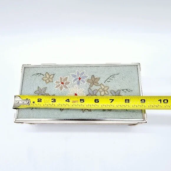 Vintage Schmid Bros Musical Jewelry Box Floral Beaded Blue Honey Tune Trinket